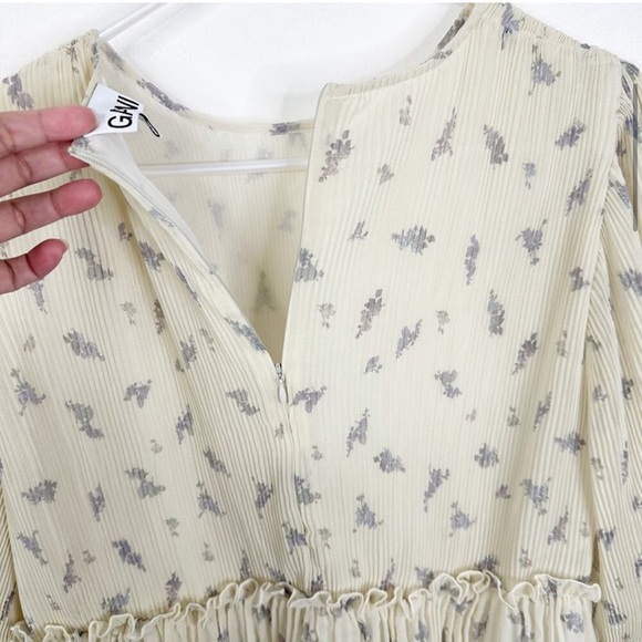 GANNI Size 40/ US Large Floral Print Pleated Georgette Babydoll Mini Dress - Picture 5 of 10